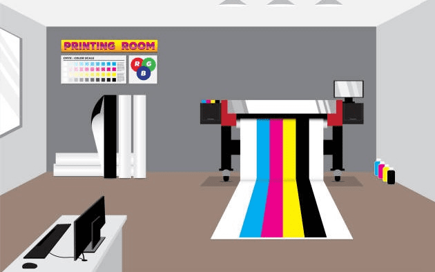 A graphical image of a printing room with different colors.